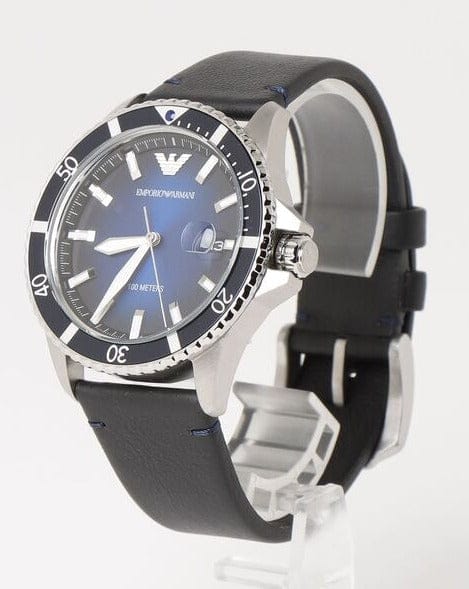Emporio Armani Diver Three-Hand Quartz Blue Dial Blue Leather Strap Watch For Men - AR11516