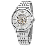 Emporio Armani Meccanico Skeleton Silver Dial Silver Steel Strap Watch For Men - AR1945