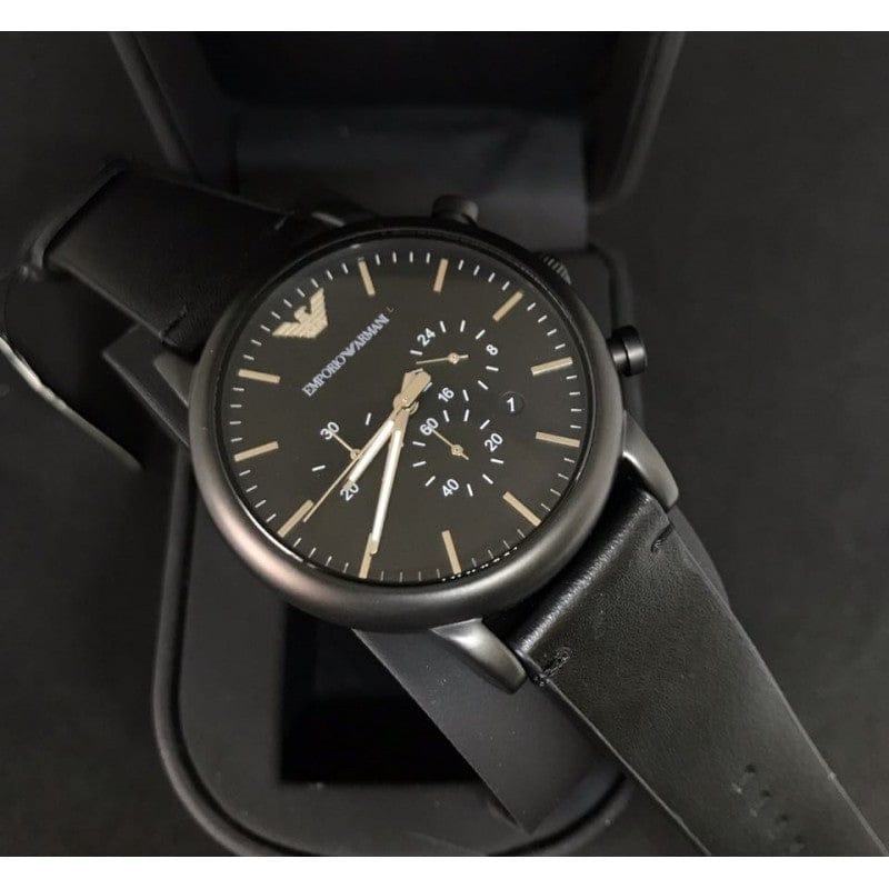 Emporio Armani Dress Chronograph Black Dial Black Leather Strap Watch For Men - AR1918