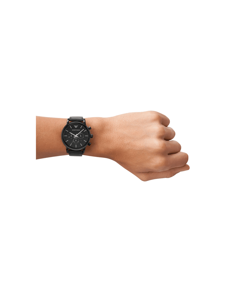 Emporio Armani Dress Chronograph Black Dial Black Leather Strap Watch For Men - AR1918
