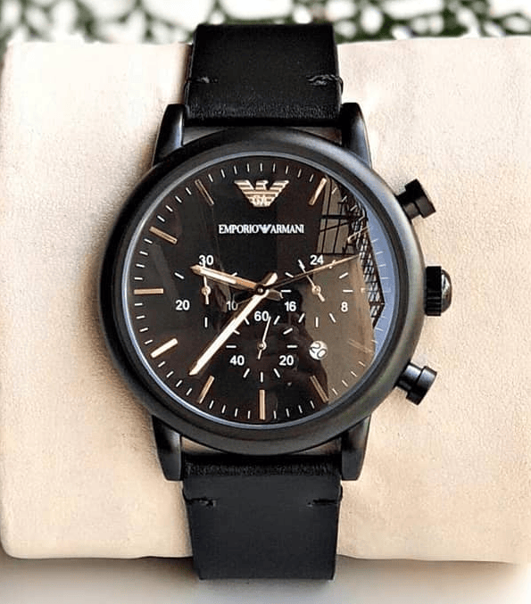 Emporio Armani Dress Chronograph Black Dial Black Leather Strap Watch For Men - AR1918