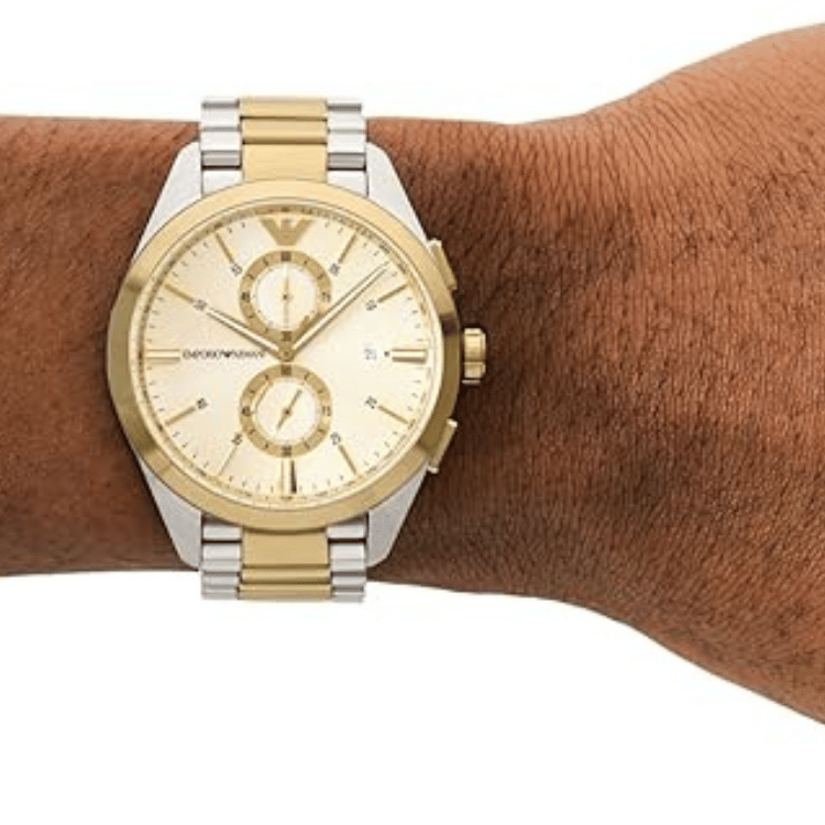 Emporio Armani Elegant Chronograph Cream Dial Two Tone Steel Strap Watch for Men - AR11605