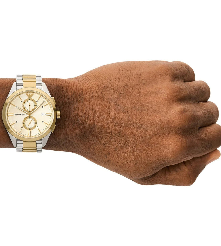 Emporio Armani Elegant Chronograph Cream Dial Two Tone Steel Strap Watch for Men - AR11605