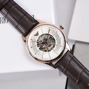 Emporio Armani Epoca White Skeletal Dial Black Leather Strap Watch For Men - AR2073