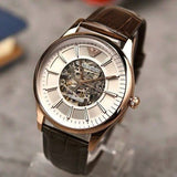 Emporio Armani Epoca White Skeletal Dial Black Leather Strap Watch For Men - AR2073