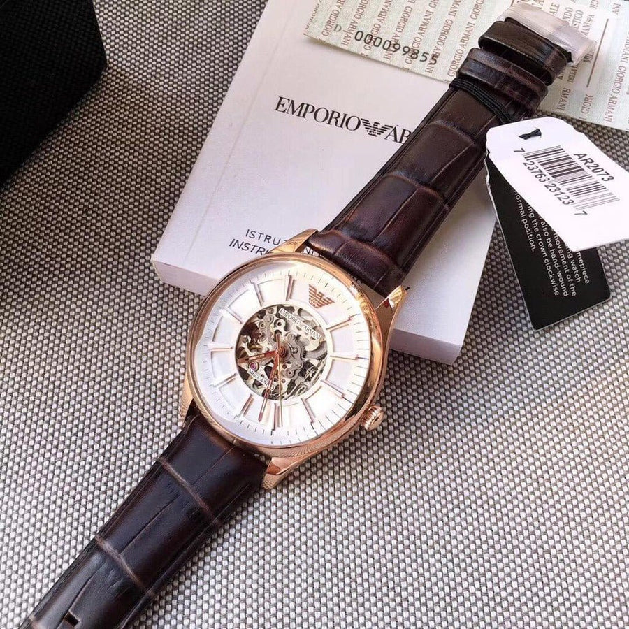Emporio Armani Epoca White Skeletal Dial Black Leather Strap Watch For Men - AR2073