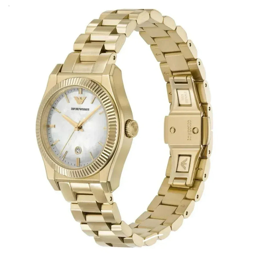 Emporio Armani Federica Mother of Pearl White Dial Gold Steel Strap Watch for Women - AR11657