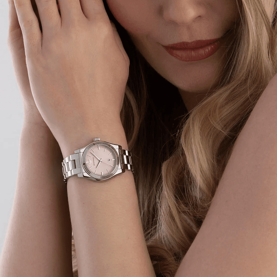 Emporio Armani Federica Pink Dial Silver Steel Strap Watch for Women - AR11658