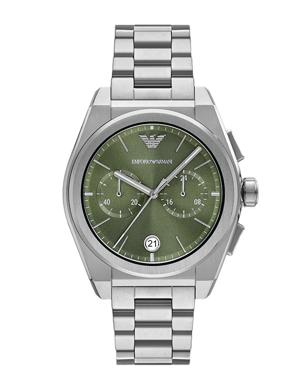 Emporio Armani Federico Chronograph Green Dial Silver Steel Strap Watch for Men - AR11640