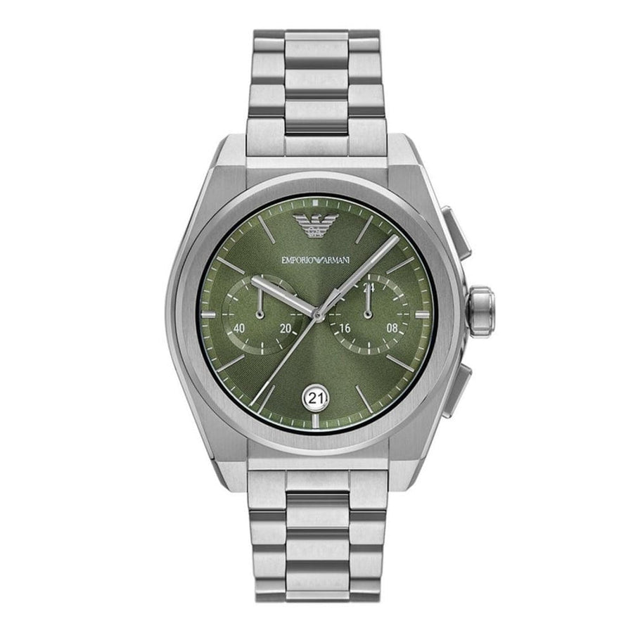 Emporio Armani Federico Chronograph Green Dial Silver Steel Strap Watch for Men - AR11640