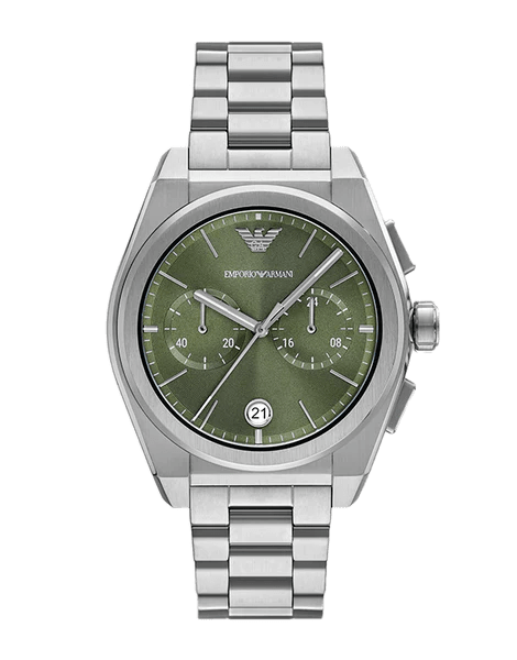 Emporio Armani Federico Chronograph Green Dial Silver Steel Strap Watch for Men - AR11640