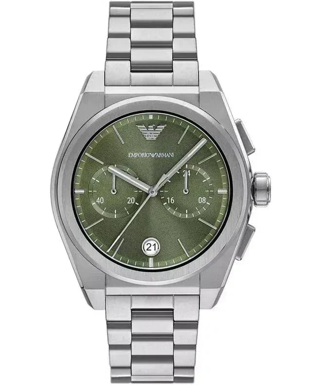 Emporio Armani Federico Chronograph Green Dial Silver Steel Strap Watch for Men - AR11640