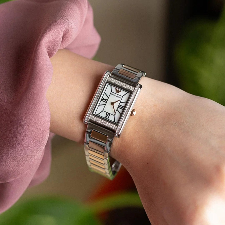 Emporio Armani Genni Mother of Pearl Dial Two Tone Steel Strap Watch for Women - AR11626