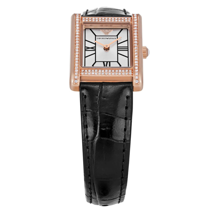 Emporio Armani Genni Silver Dial Black Leather Strap Watch for Women - AR11624