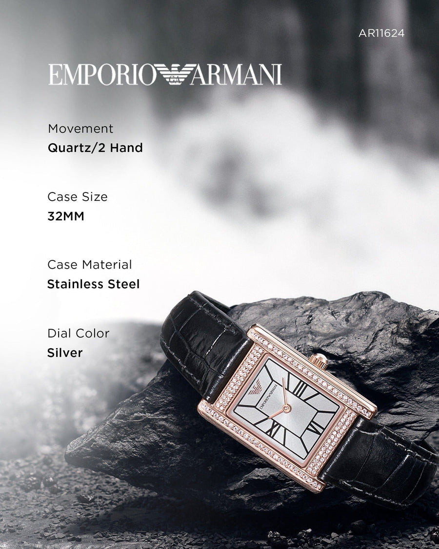 Emporio Armani Genni Silver Dial Black Leather Strap Watch for Women - AR11624