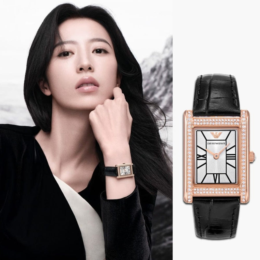 Emporio Armani Genni Silver Dial Black Leather Strap Watch for Women - AR11624