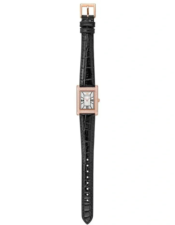 Emporio Armani Genni Silver Dial Black Leather Strap Watch for Women - AR11624