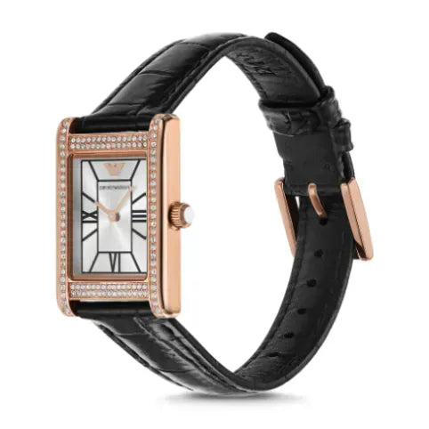 Emporio Armani Genni Silver Dial Black Leather Strap Watch for Women - AR11624