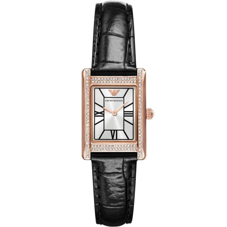 Emporio Armani Genni Silver Dial Black Leather Strap Watch for Women - AR11624