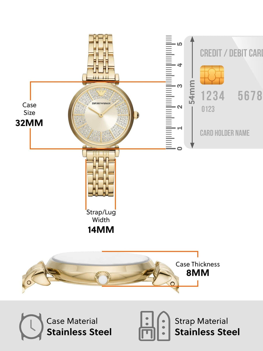 Emporio Armani Gianni T Bar Analog Crystals Gold Dial Gold Steel Strap Watch For Women - AR11608