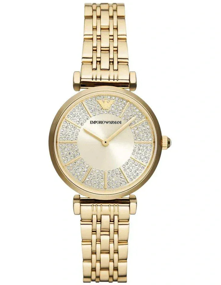 Emporio Armani Gianni T Bar Analog Crystals Gold Dial Gold Steel Strap Watch For Women - AR11608