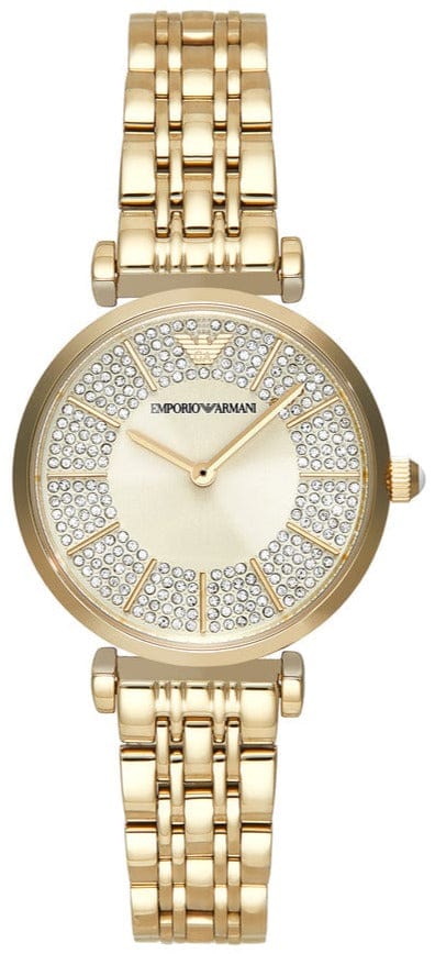 Emporio Armani Gianni T Bar Analog Crystals Gold Dial Gold Steel Strap Watch For Women - AR11608