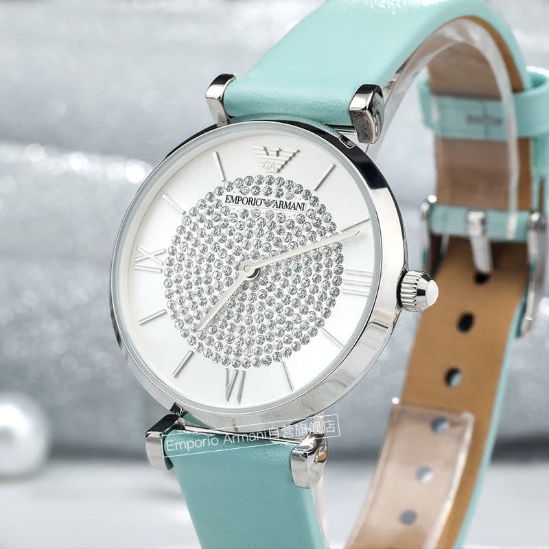 Emporio Armani Gianni T Bar Analog Crystals Silver Dial Blue Leather Strap Watch For Women - AR11443