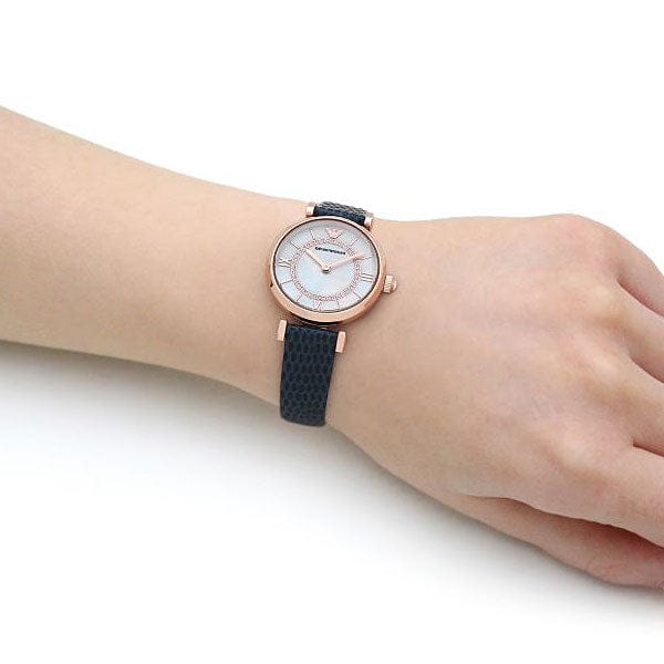 Emporio Armani Gianni T-Bar Analog Mother of Pearl Dial Blue Leather Strap Watch For Women - AR11468