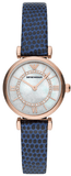Emporio Armani Gianni T-Bar Analog Mother of Pearl Dial Blue Leather Strap Watch For Women - AR11468