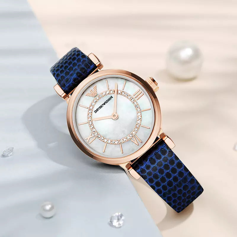 Emporio Armani Gianni T-Bar Analog Mother of Pearl Dial Blue Leather Strap Watch For Women - AR11468