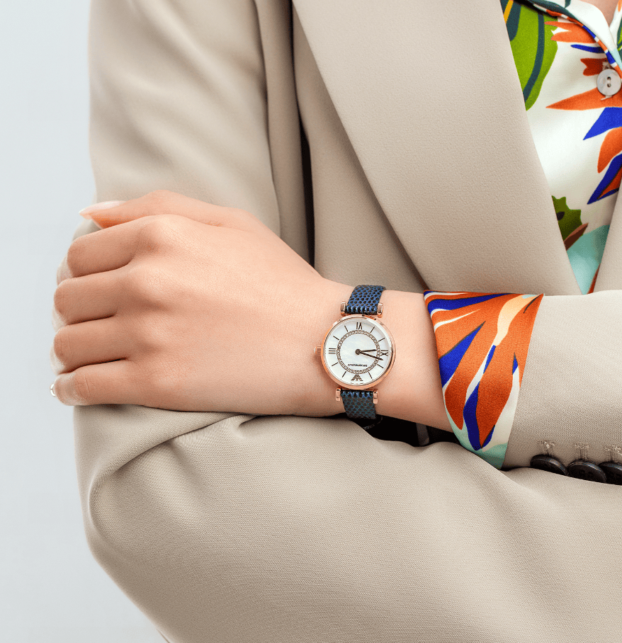 Emporio Armani Gianni T-Bar Analog Mother of Pearl Dial Blue Leather Strap Watch For Women - AR11468