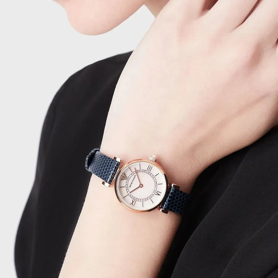 Emporio Armani Gianni T-Bar Analog Mother of Pearl Dial Blue Leather Strap Watch For Women - AR11468