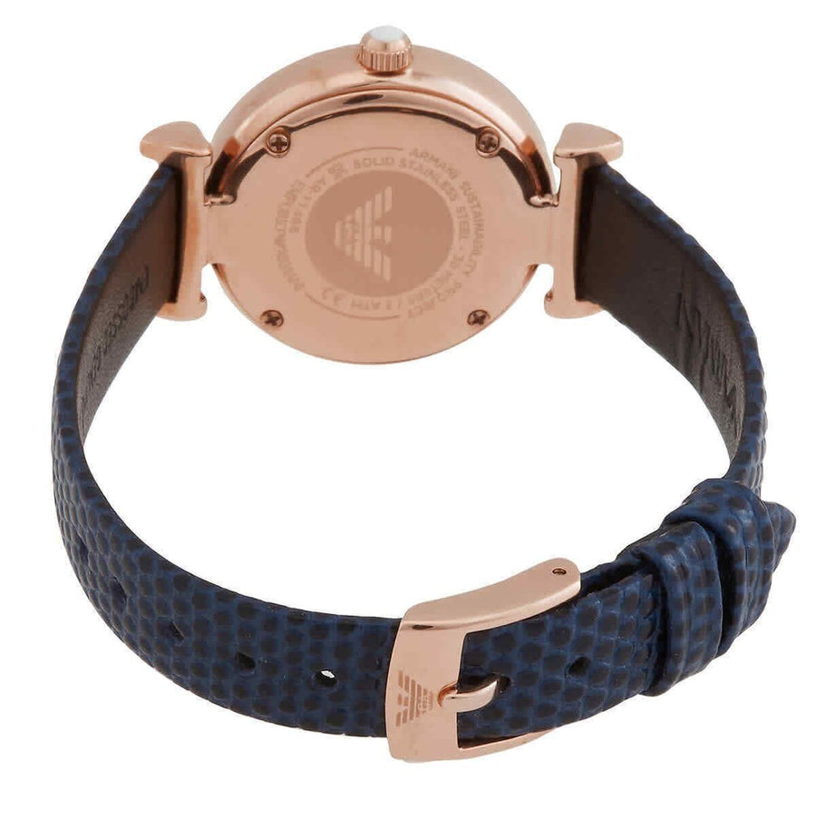 Emporio Armani Gianni T-Bar Analog Mother of Pearl Dial Blue Leather Strap Watch For Women - AR11468