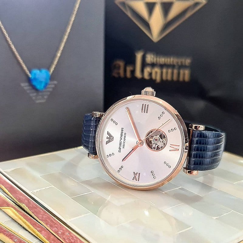 Emporio Armani Gianni T-Bar Analog Silver Dial Blue Leather Strap Watch For Women - AR60020