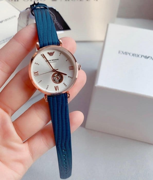 Emporio Armani Gianni T-Bar Analog Silver Dial Blue Leather Strap Watch For Women - AR60020