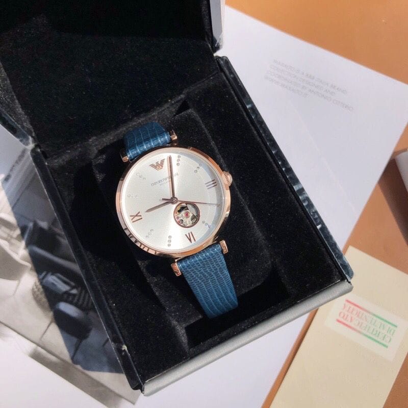 Emporio Armani Gianni T-Bar Analog Silver Dial Blue Leather Strap Watch For Women - AR60020