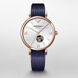 Emporio Armani Gianni T-Bar Analog Silver Dial Blue Leather Strap Watch For Women - AR60020