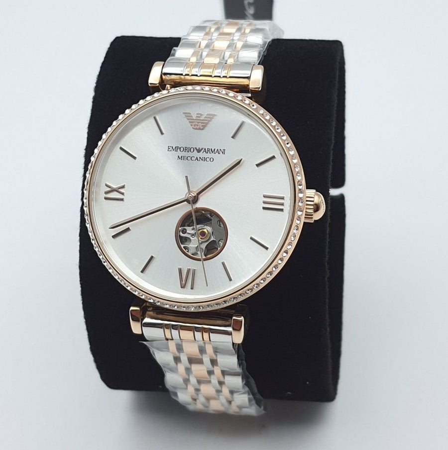 Emporio Armani Gianni T-Bar Analog White Dial Two Tone Steel Strap Watch For Women - AR60019