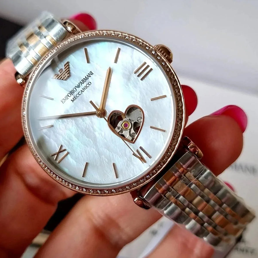 Emporio Armani Gianni T-Bar Analog White Dial Two Tone Steel Strap Watch For Women - AR60019