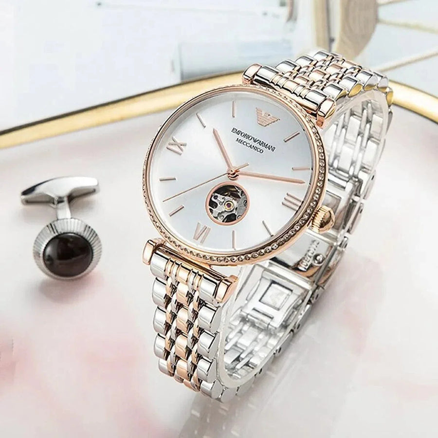 Emporio Armani Gianni T-Bar Analog White Dial Two Tone Steel Strap Watch For Women - AR60019