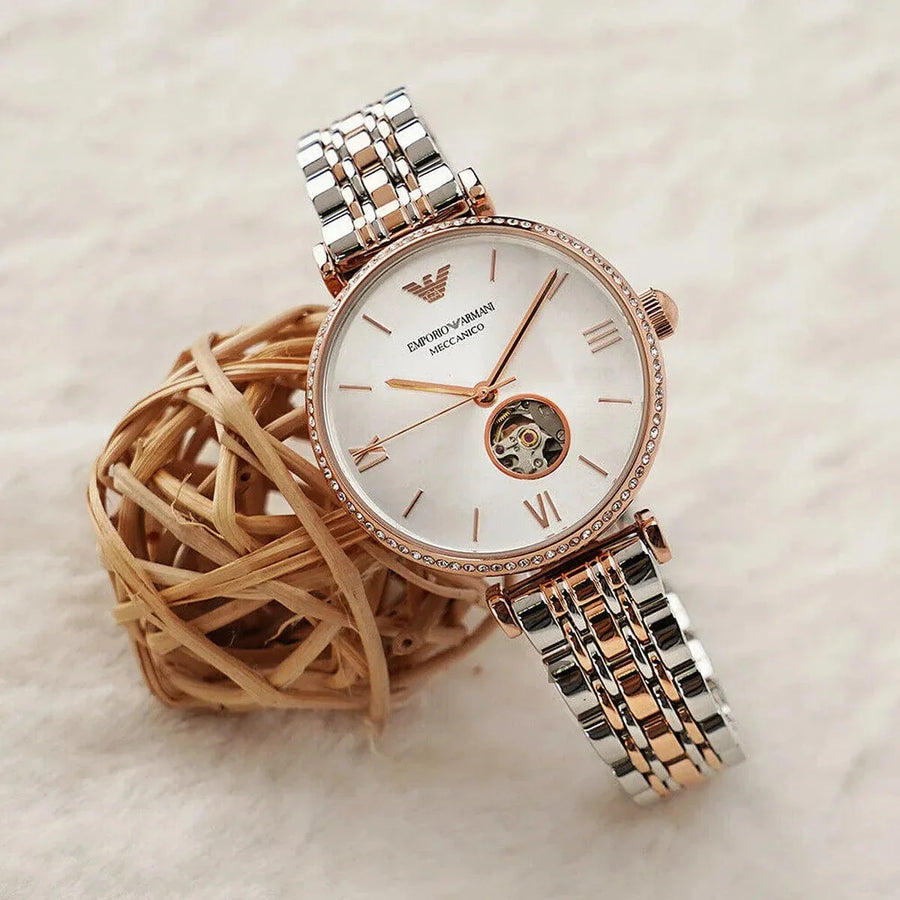 Emporio Armani Gianni T-Bar Analog White Dial Two Tone Steel Strap Watch For Women - AR60019