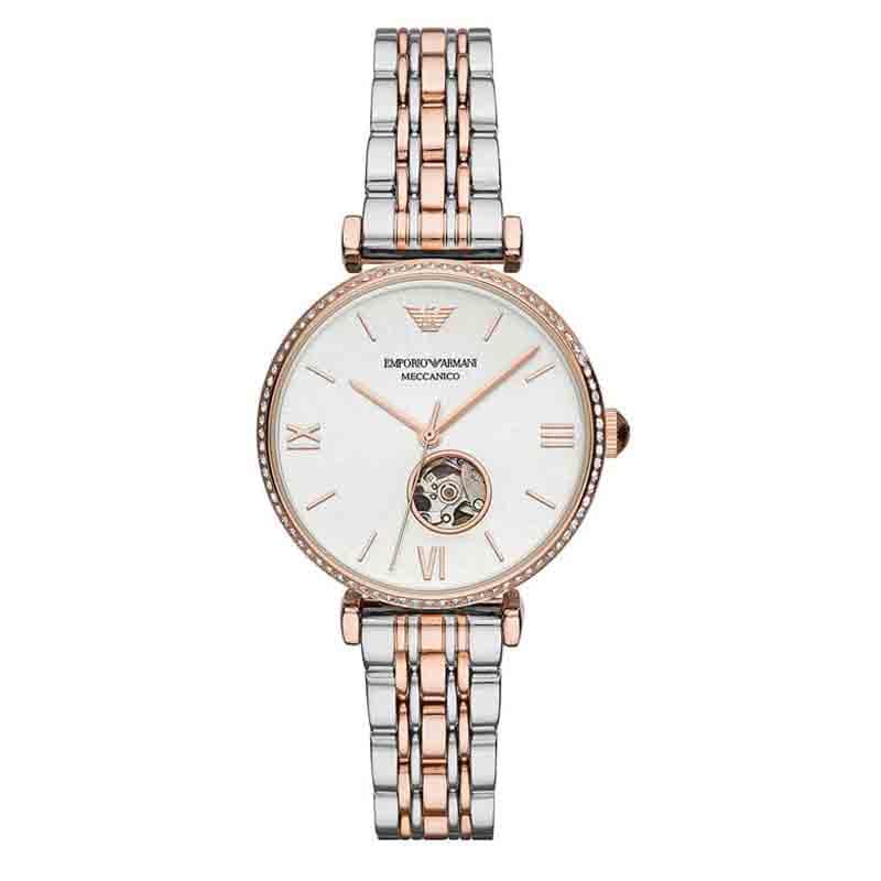 Emporio Armani Gianni T-Bar Analog White Dial Two Tone Steel Strap Watch For Women - AR60019