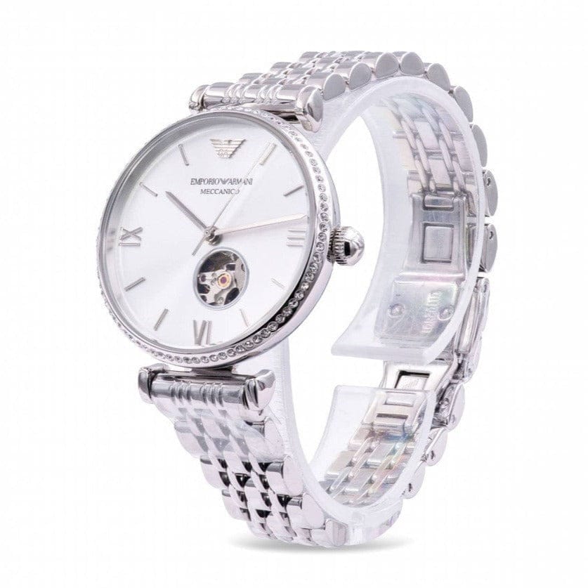 Emporio Armani Gianni T-Bar Automatic Silver Dial Silver Steel Strap Watch For Women - AR60022