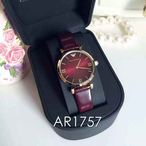 Emporio Armani Gianni T Bar Burgundy Dial Burgundy Leather Strap Watch For Women - AR1757