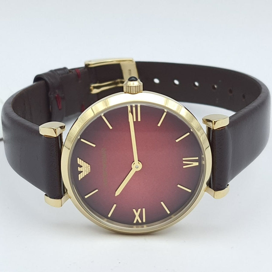 Emporio Armani Gianni T Bar Burgundy Dial Burgundy Leather Strap Watch For Women - AR1758