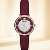 Emporio Armani Gianni T Bar Crystals Maroon Dial Maroon Leather Strap Watch for Women - AR11487
