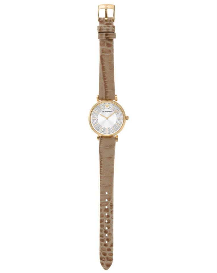 Emporio Armani Gianni T Bar Crystals Silver Dial Brown Leather Strap Watch For Women - AR11518