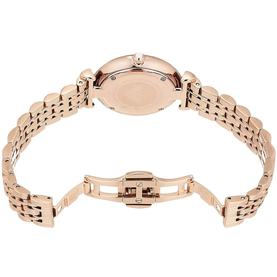Emporio Armani Gianni T-Bar Crystals Silver Dial Rose Gold Steel Strap Watch For Women - AR11446