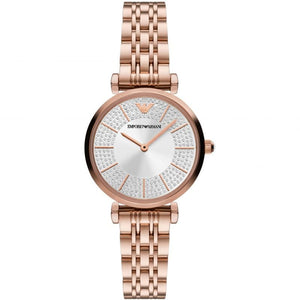 Emporio Armani Gianni T-Bar Crystals Silver Dial Rose Gold Steel Strap Watch For Women - AR11446