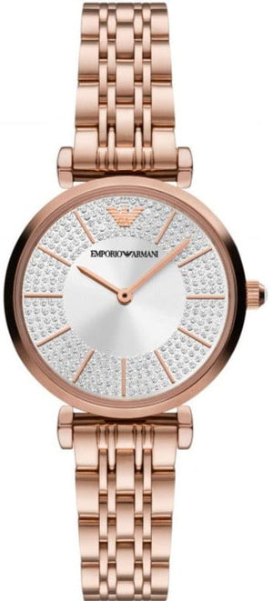 Emporio Armani Gianni T-Bar Crystals Silver Dial Rose Gold Steel Strap Watch For Women - AR11446